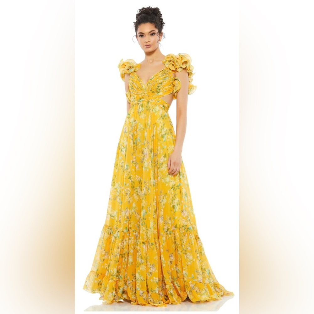 COPY - YELLOW RUFFLE TIERED FLORAL CUT-OUT CHIFFON GOWN FOR SALE! Only used ONC…